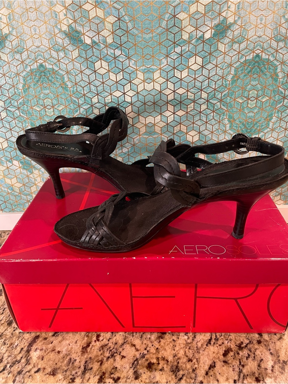 AEROSOLES Black Braided Strap Kitten Heel Sandals